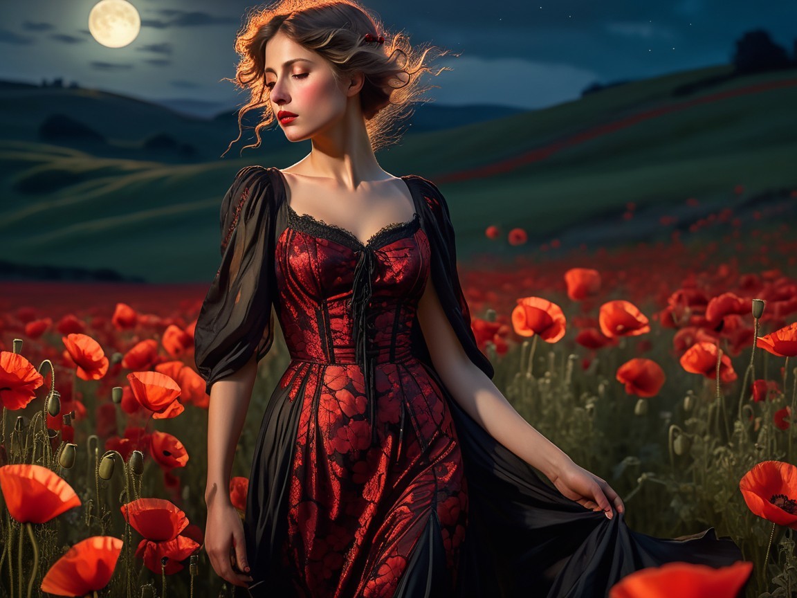 Young Woman in Black and Red Dress in Poppy Field