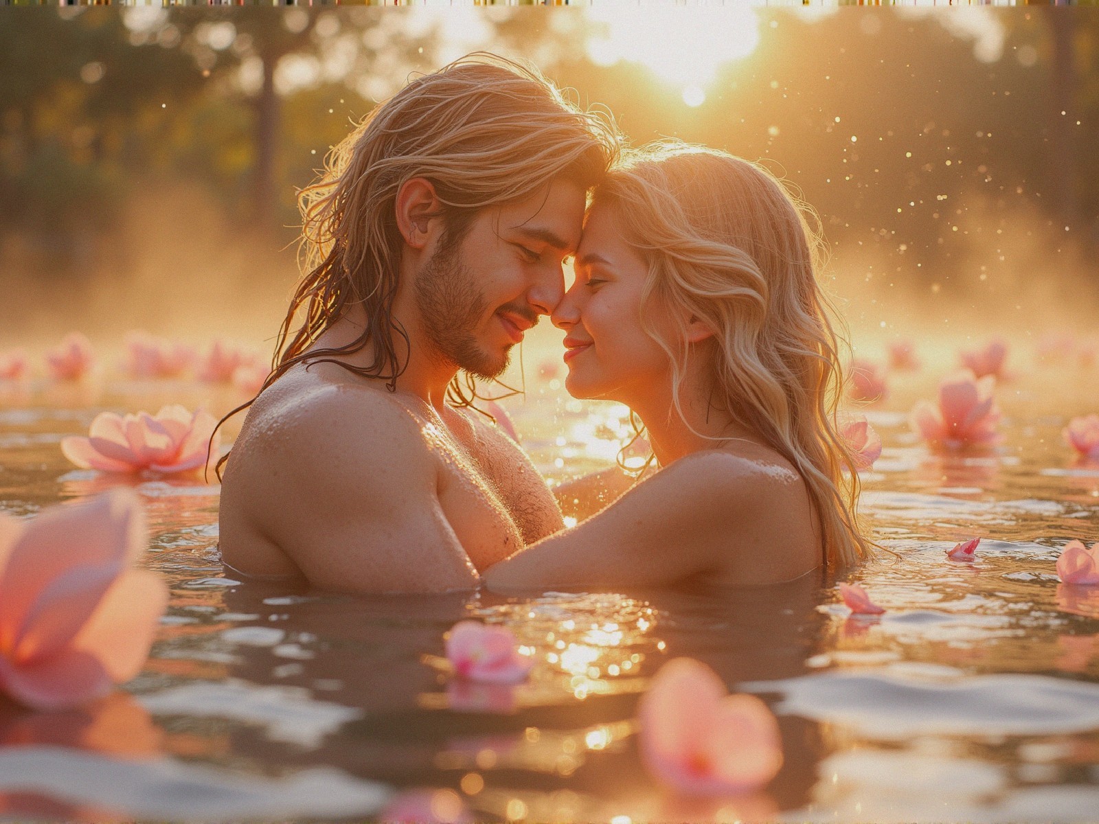 Couple Embracing in Sunlit Lake with Lotus Flowers
