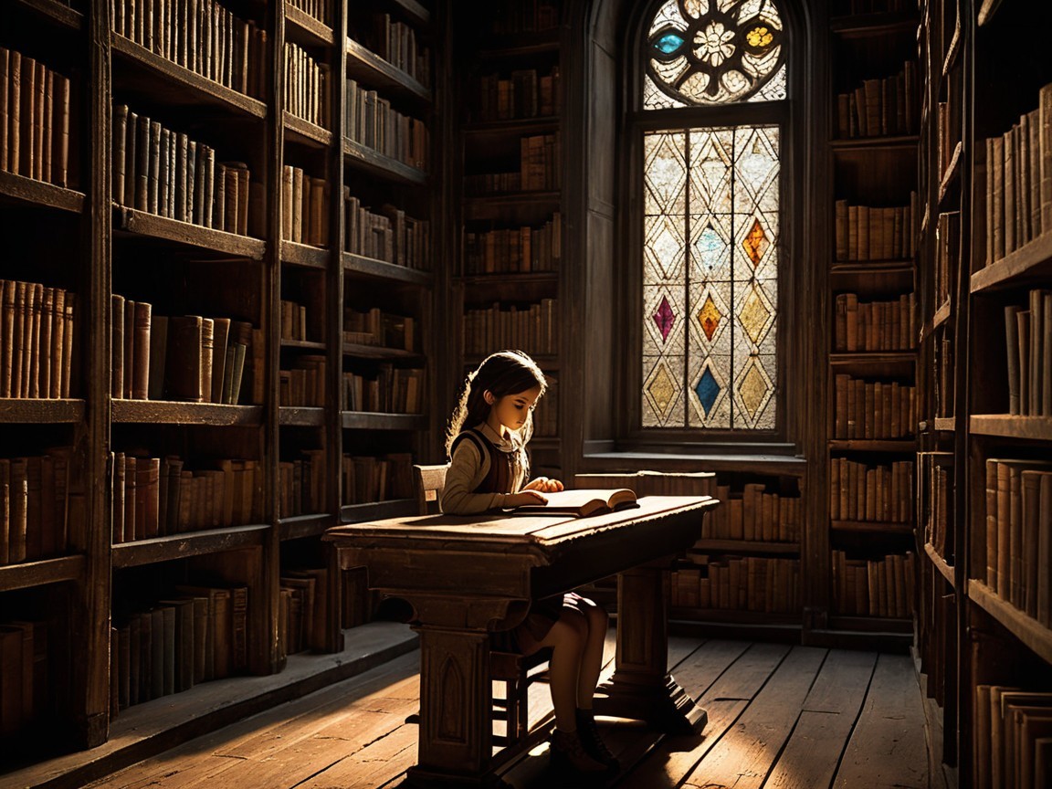 Young girl reading in a dimly lit library setting
