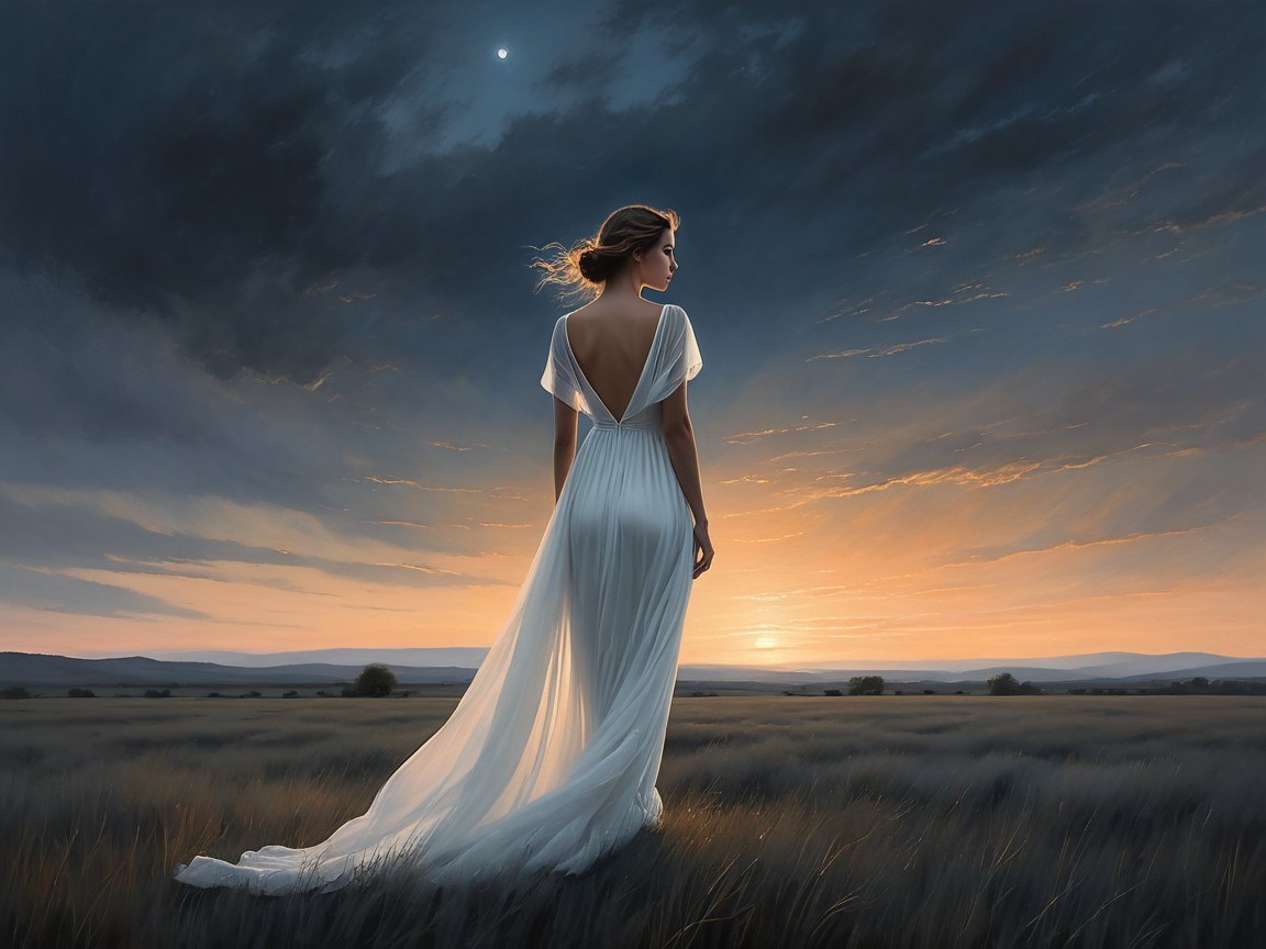 Woman in white dress in serene dusk field