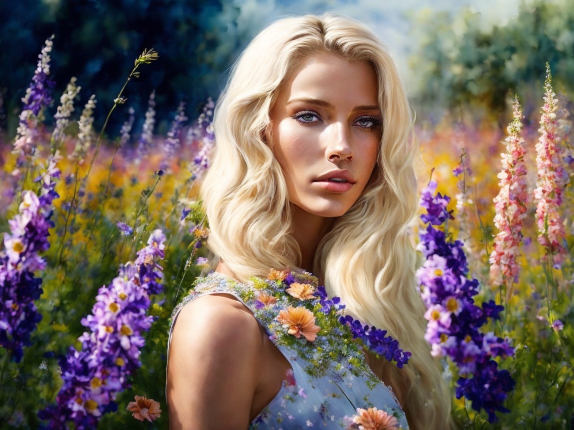 Young Woman in Flower Field with Serene Expression