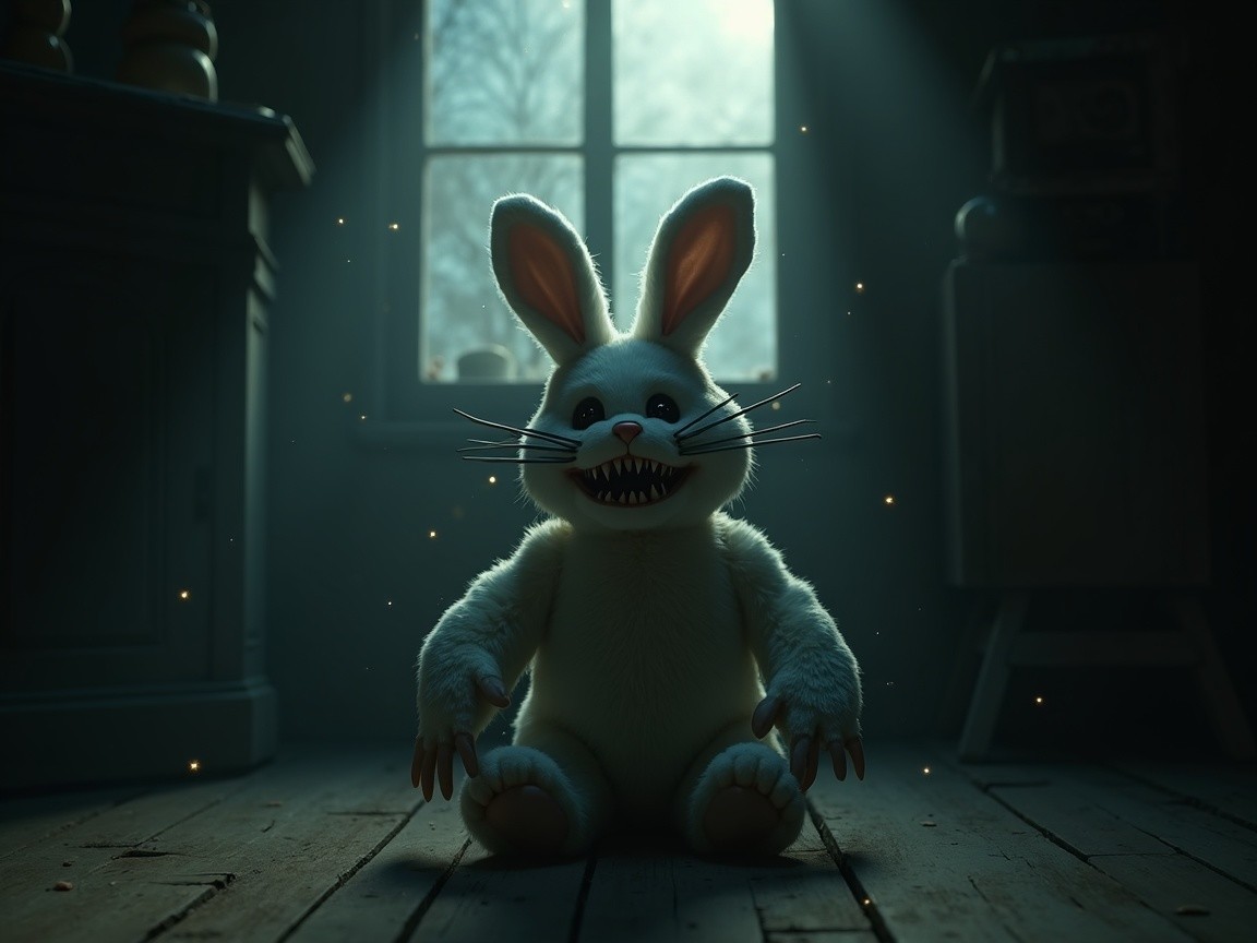 Sinister Bunny Doll in Dimly Lit Room Atmosphere