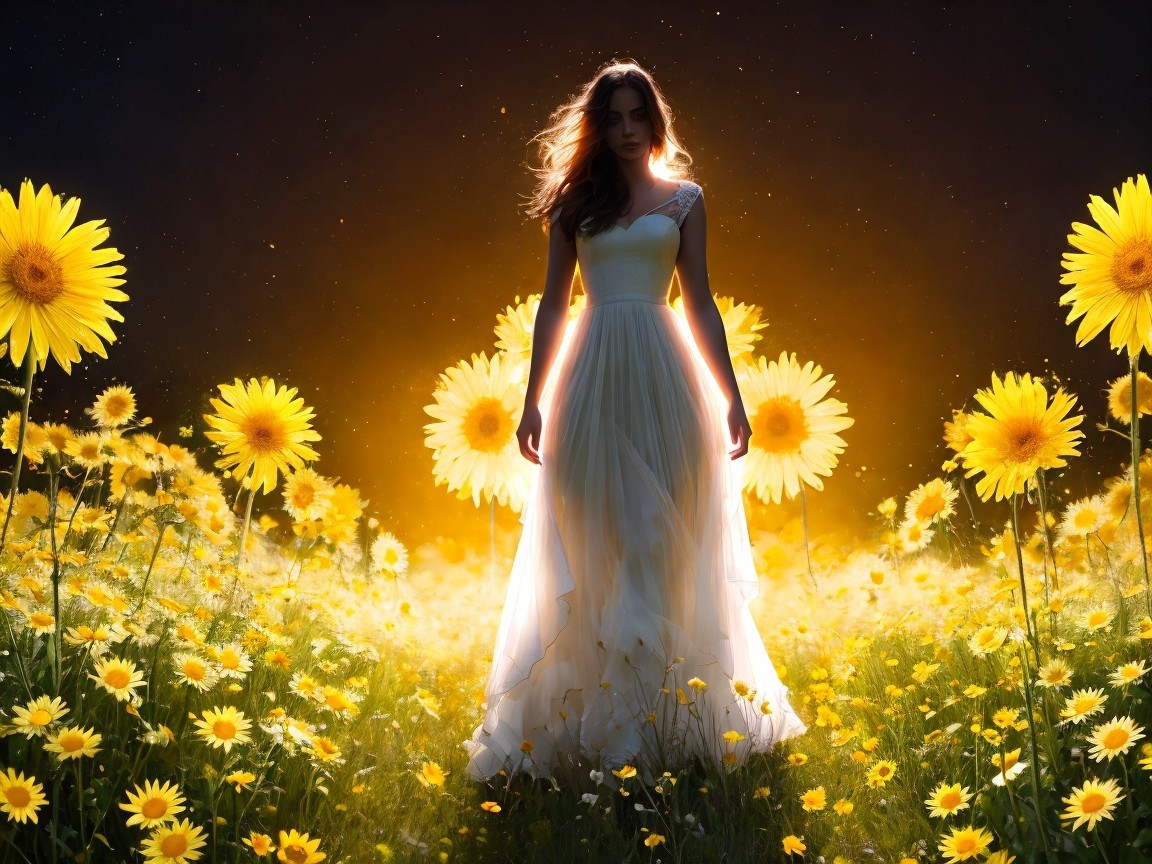 Young Woman in White Dress Among Sunflowers