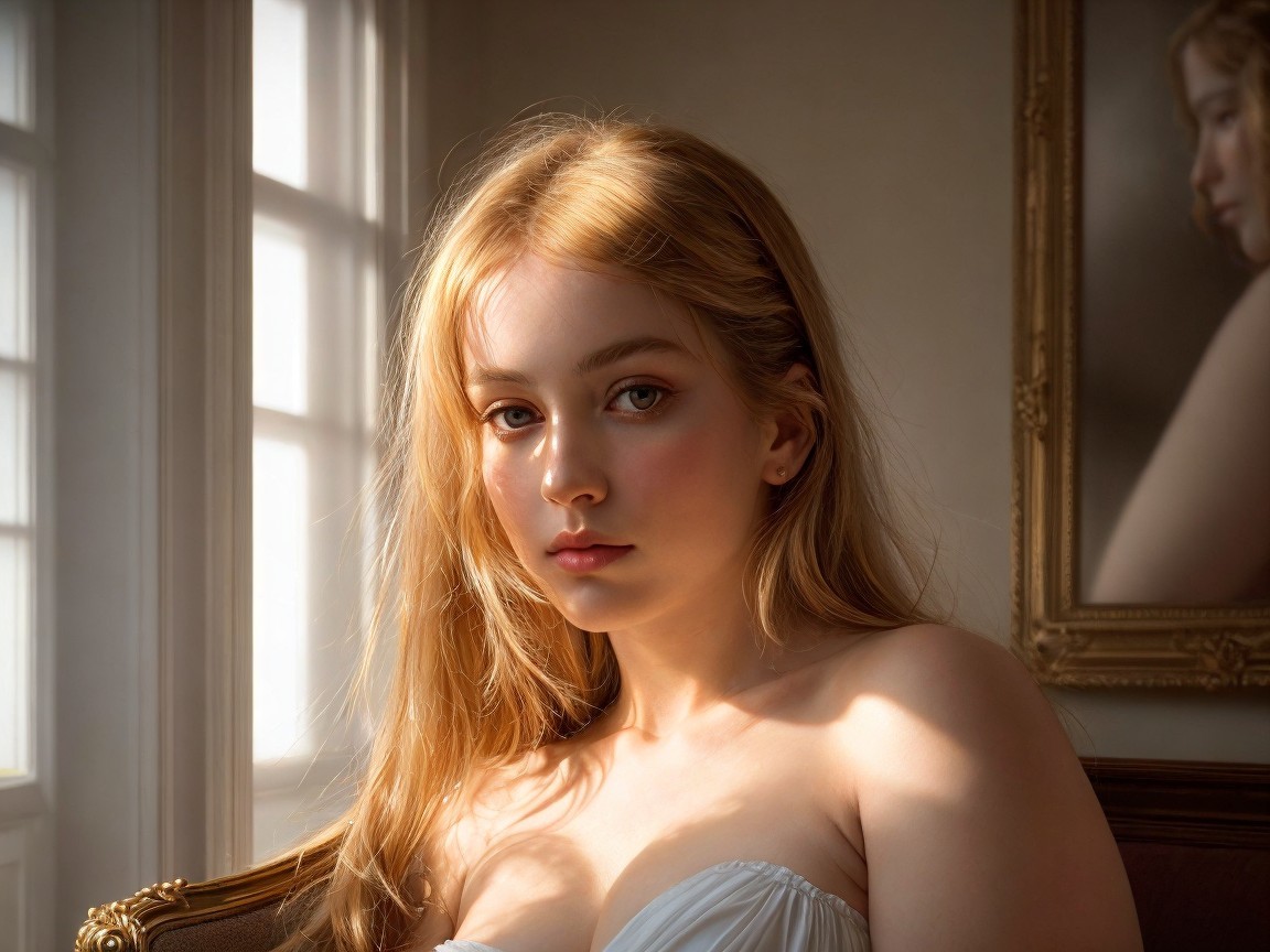 Young Woman in Soft Light with Reflective Backdrop