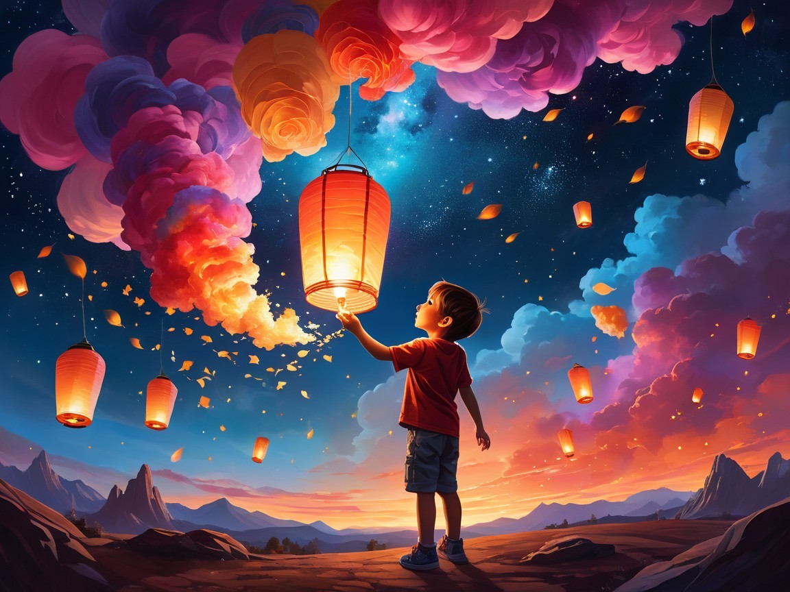 Young Boy Gazing at Lanterns in Starry Landscape