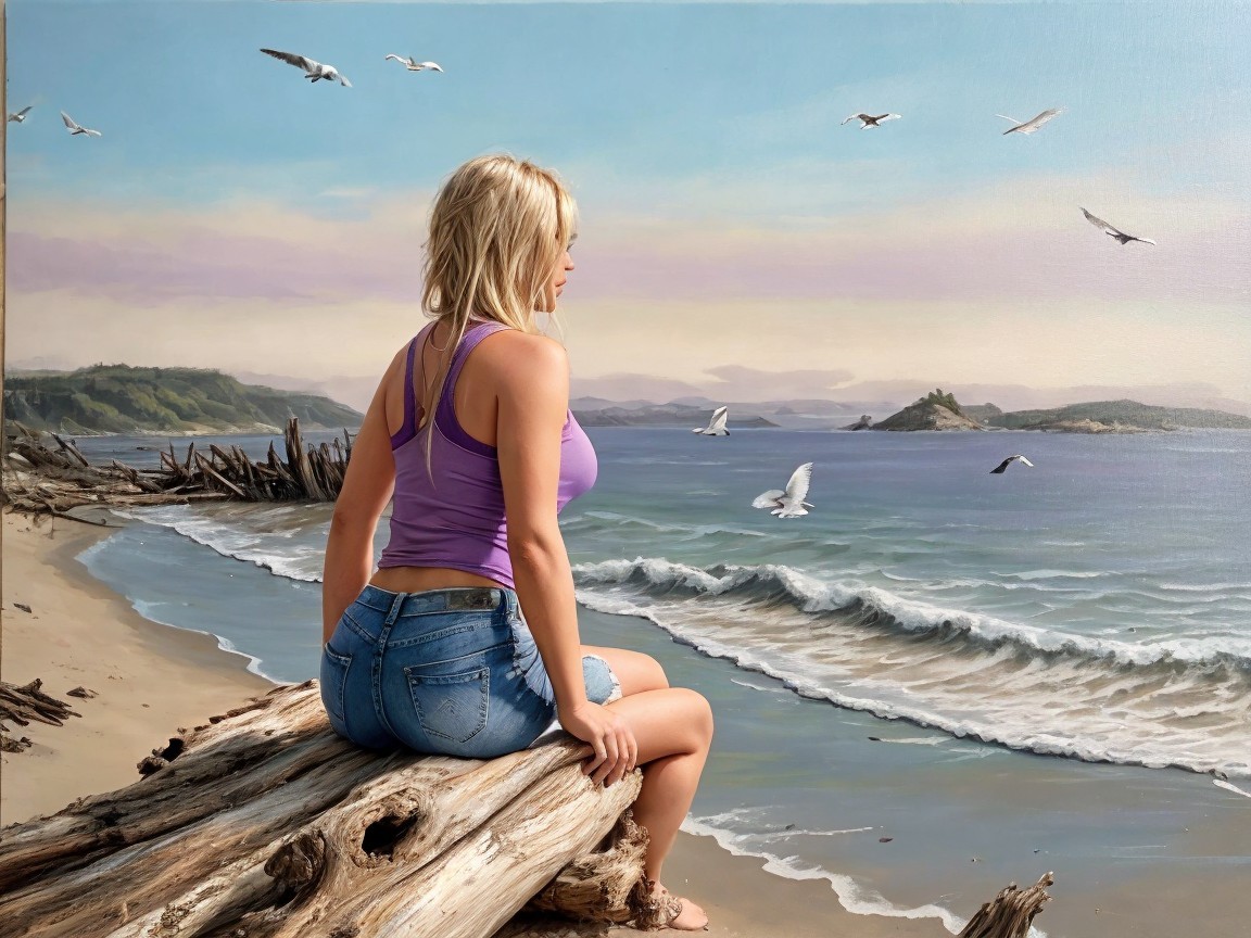 Blonde Woman on Log at Serene Beach Sunset