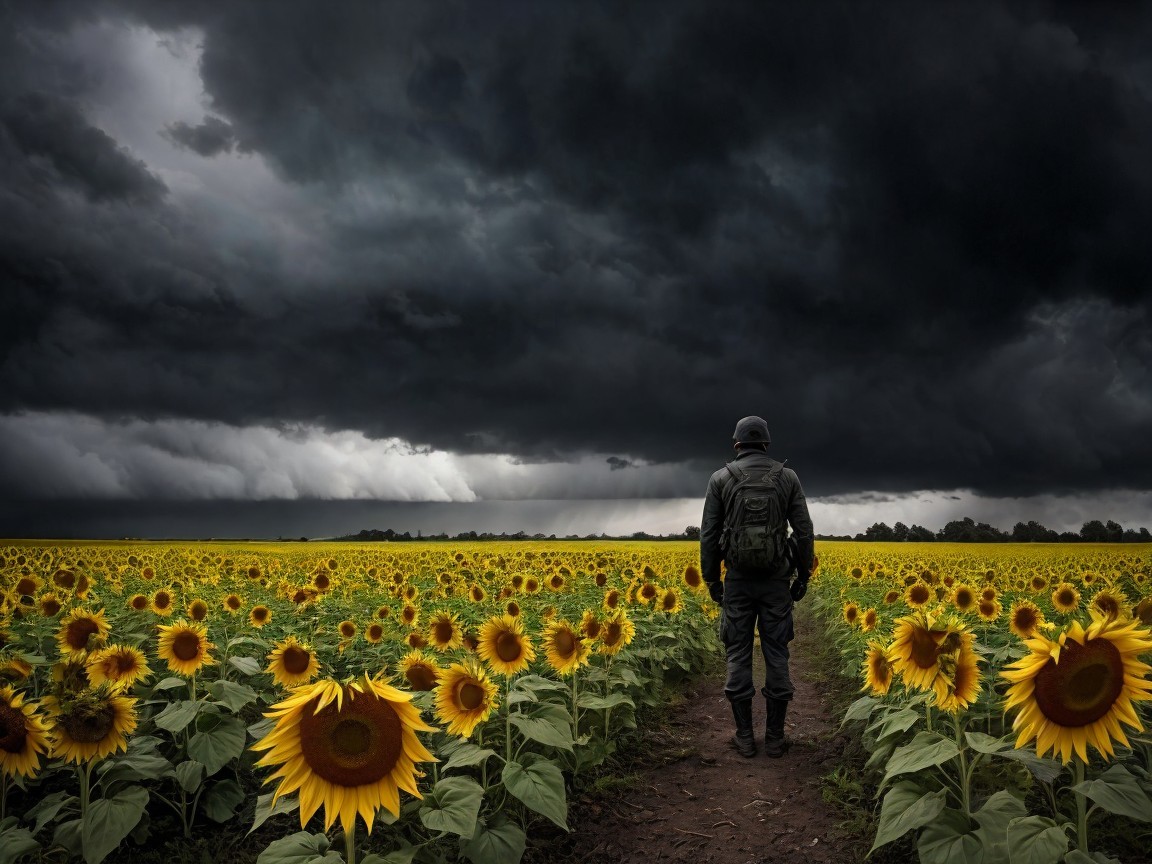 Solitary Figure in Sunflower Field Under Stormy Sky