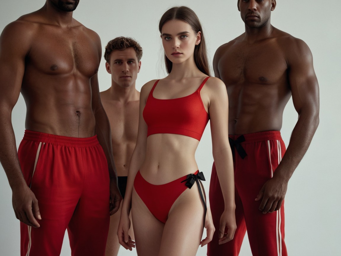 Models Posing in Vibrant Red Swimwear Ensemble