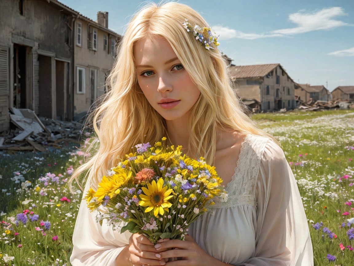 Young Woman in White Dress Surrounded by Wildflowers