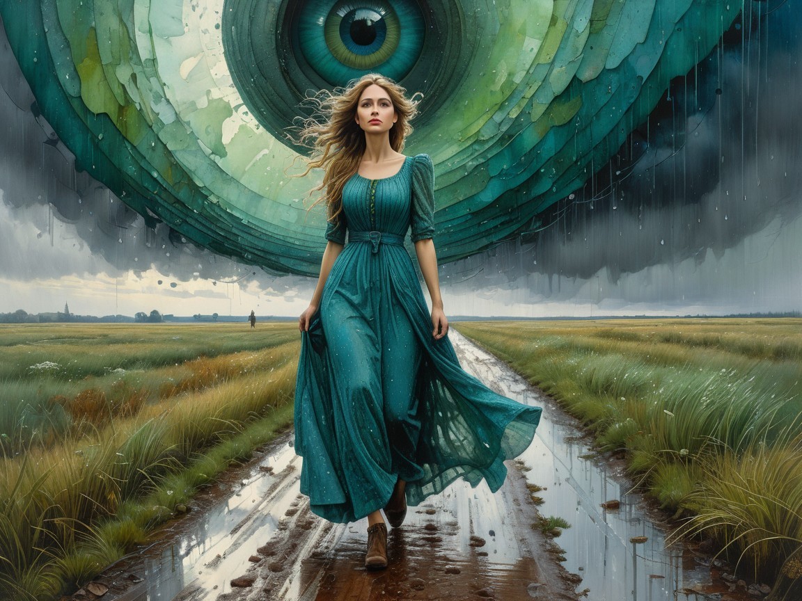 Woman in Green Dress on Muddy Path with Surreal Eye