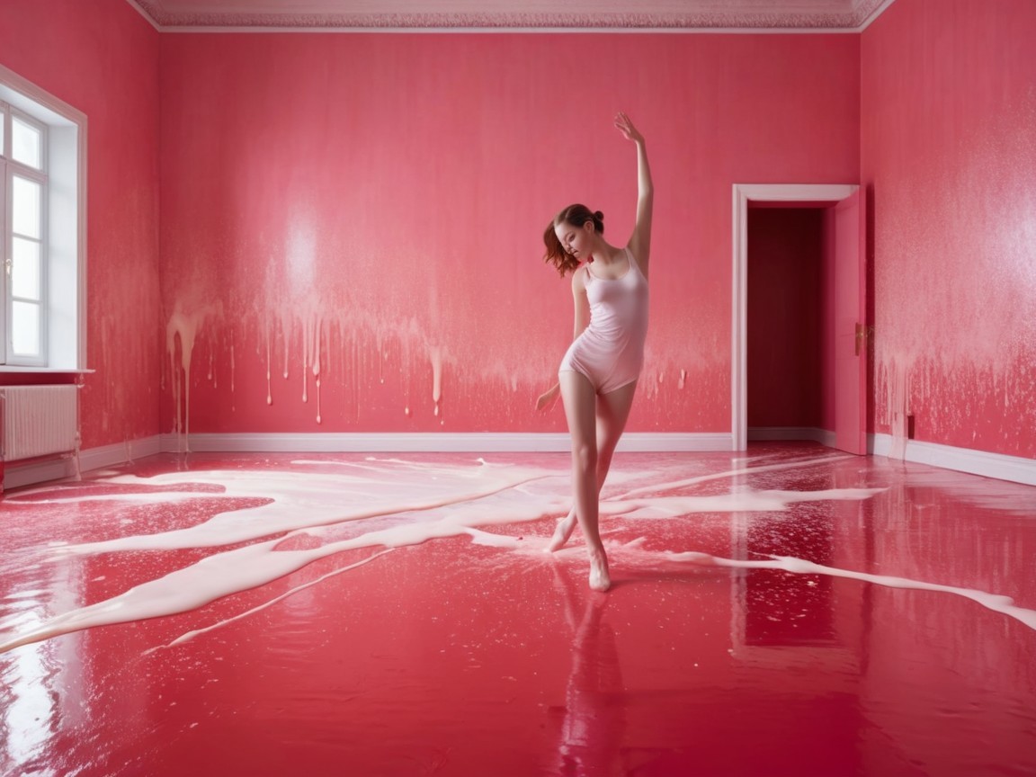 Dancer in Pink Room with Glossy Floor and Soft Light