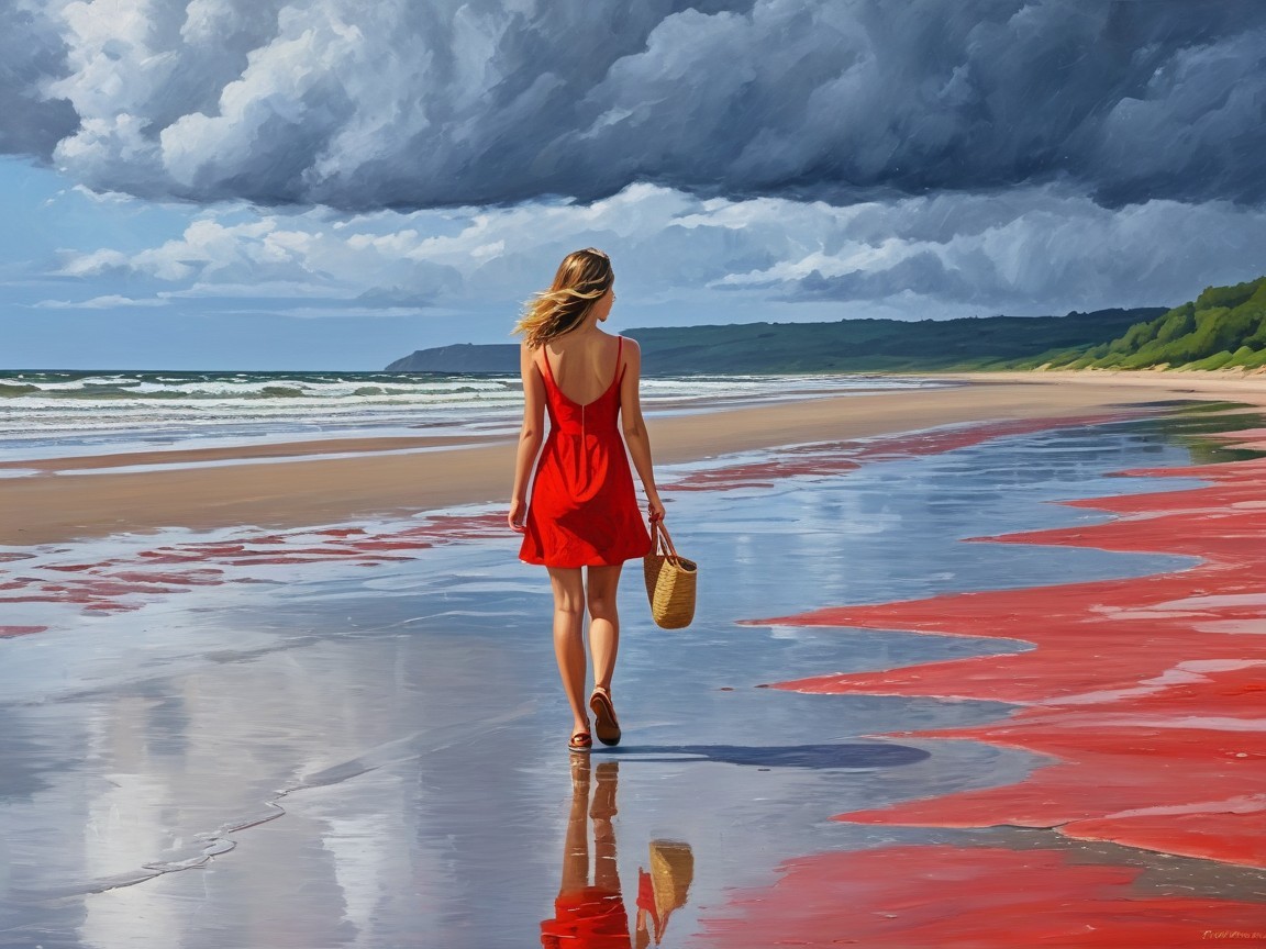 Woman in Red Dress on Serene Sandy Beach