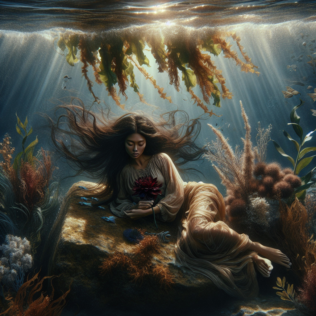 Underwater Scene with Woman and Lotus Flower