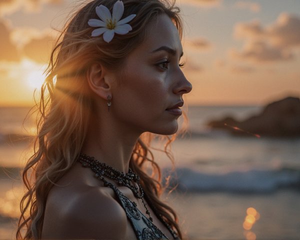 Woman with Wavy Hair by Beach at Sunset