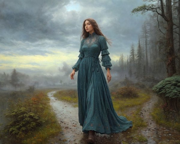 Young Woman in Teal Gown on Misty Forest Path