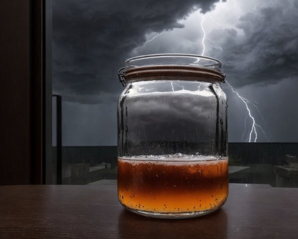 Glass Jar of Amber Liquid Against Stormy Background