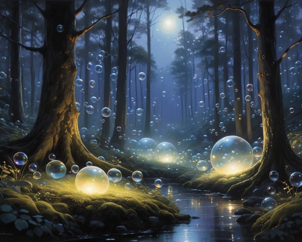 Twilight Forest Scene with Iridescent Bubbles and Stream