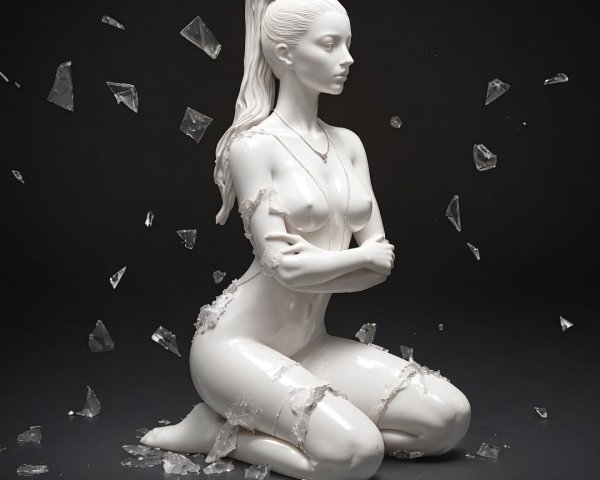 White Mannequin in Contemplation on Dark Surface