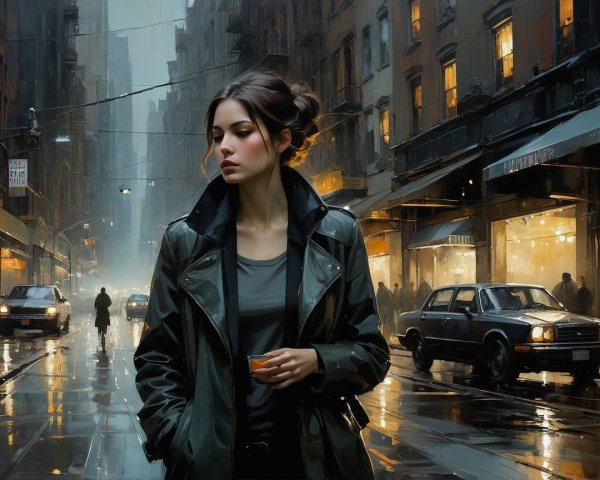 Young Woman in Rainy Urban Street at Night