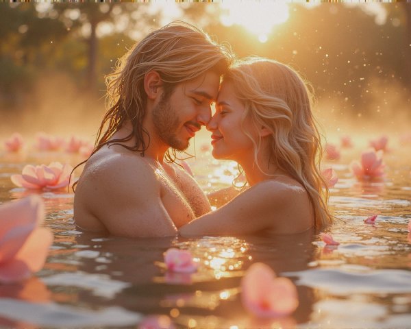 Couple Embracing in Sunlit Lake with Lotus Flowers
