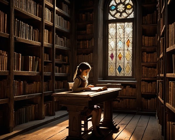 Young girl reading in a dimly lit library setting