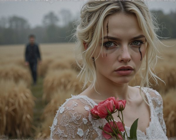 Young Woman in Lace Dress in Misty Wheat Field
