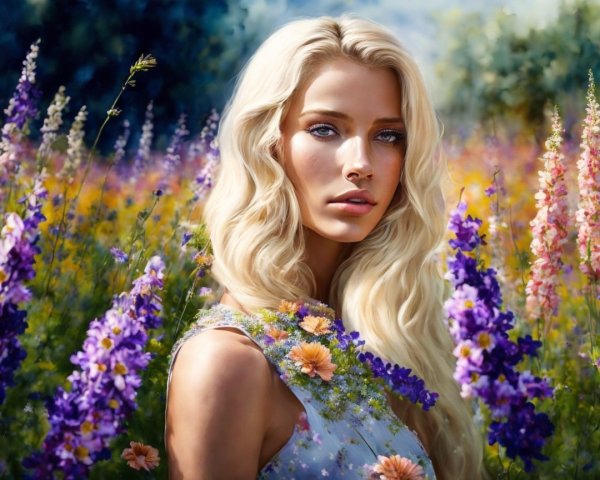 Young Woman in Flower Field with Serene Expression
