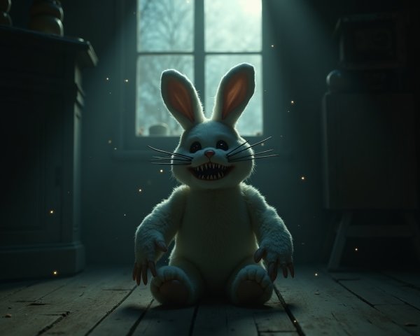 Sinister Bunny Doll in Dimly Lit Room Atmosphere