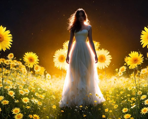 Young Woman in White Dress Among Sunflowers