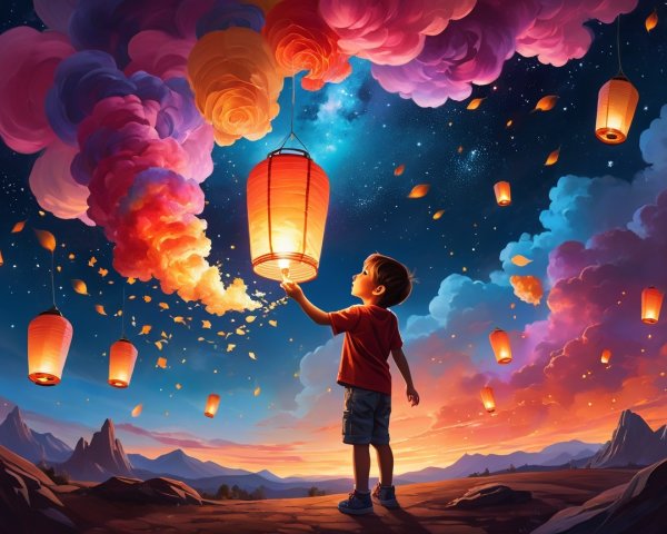 Young Boy Gazing at Lanterns in Starry Landscape