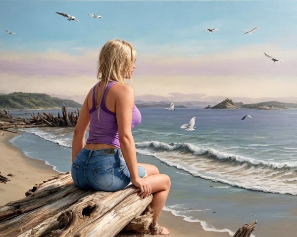 Blonde Woman on Log at Serene Beach Sunset