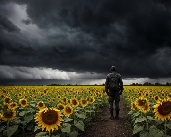 Solitary Figure in Sunflower Field Under Stormy Sky