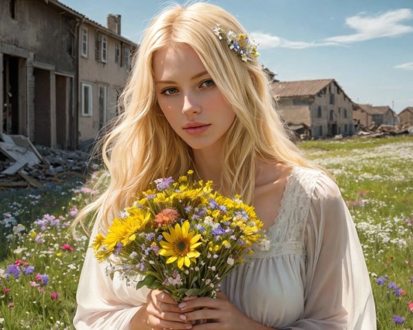 Young Woman in White Dress Surrounded by Wildflowers