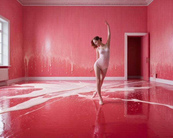 Dancer in Pink Room with Glossy Floor and Soft Light