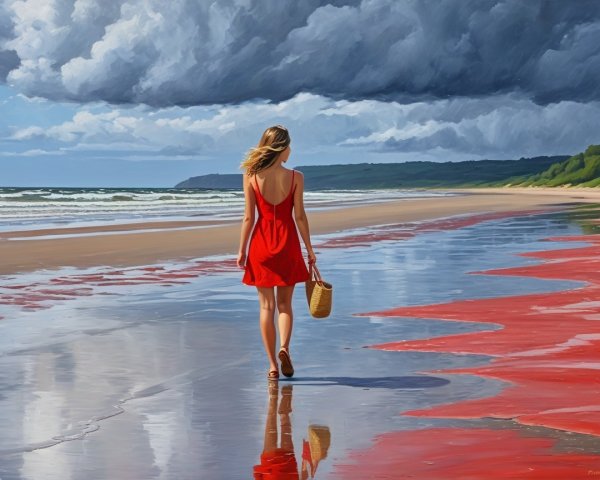 Woman in Red Dress on Serene Sandy Beach