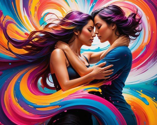 Intimate Embrace of Two Women with Vibrant Colors