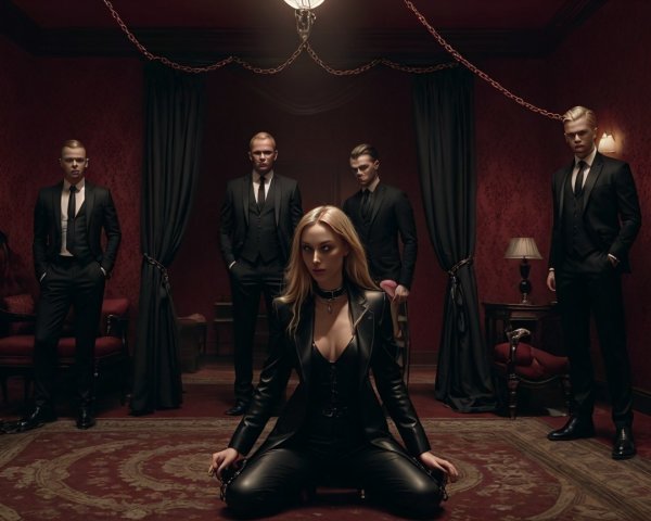 Confident Woman Surrounded by Men in Tailored Suits