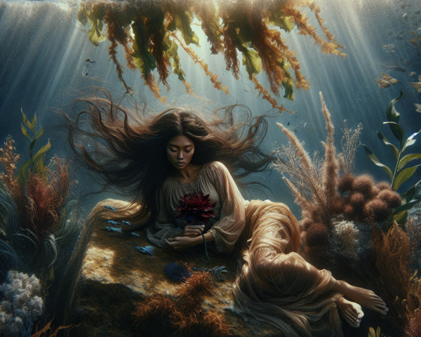Underwater Scene with Woman and Lotus Flower