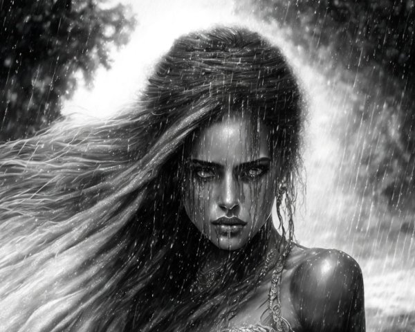 Black-and-White Portrait of a Woman in the Rain