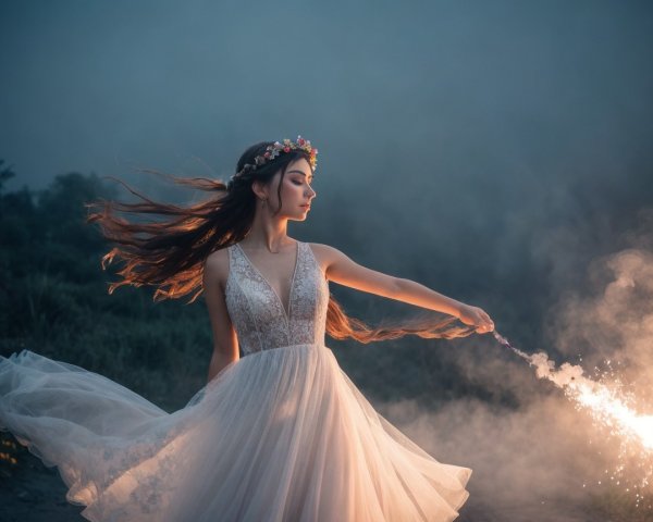 Ethereal Gown and Sparkler in Misty Landscape
