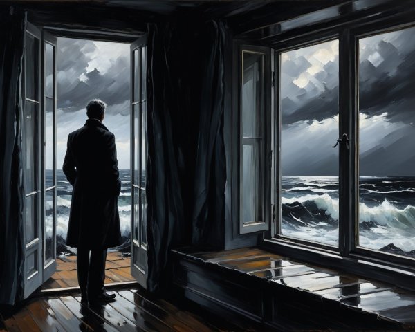 Lone Figure at Doorway Overlooking Stormy Seascape