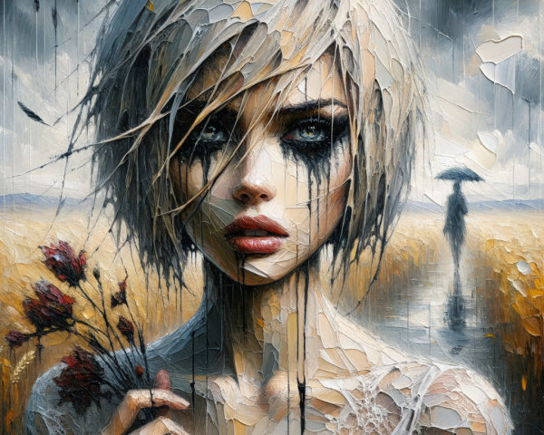 Portrait of a Young Woman with Dried Flowers and Tears