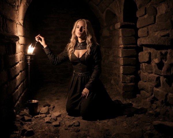 Woman in Black Dress in Stone-Walled Dungeon Setting