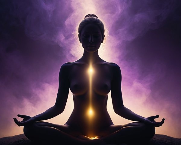 Meditating Figure Against Vibrant Ethereal Background