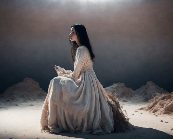 Solitary Figure in Ethereal White Dress in Sandy Landscape