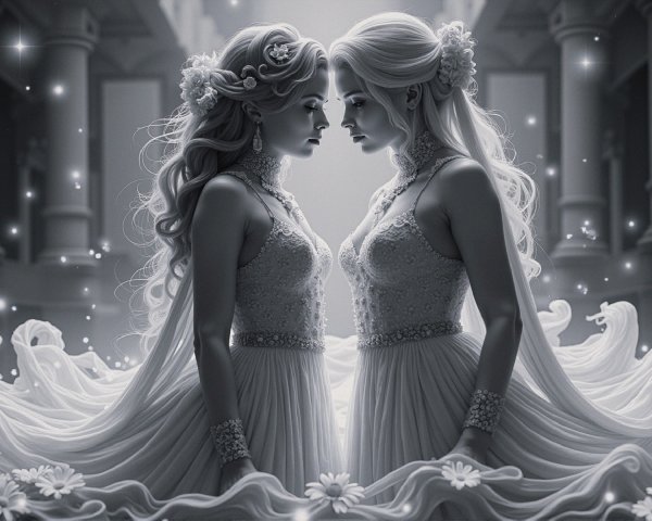Elegant figures in shimmering gowns in ethereal setting