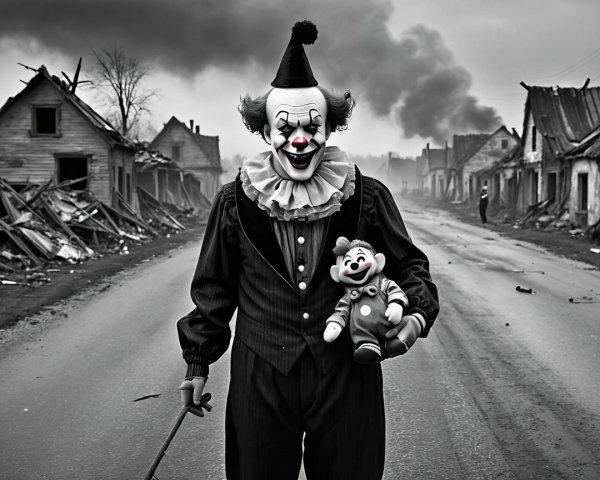 Sinister Clown on Abandoned Street with Doll