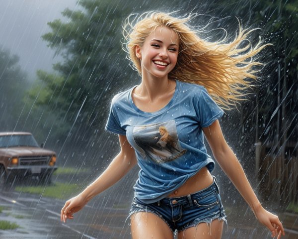 Young woman running in the rain with vintage truck backdrop