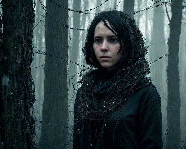Young woman in misty forest with thorny vines