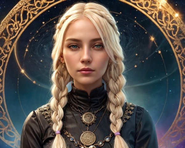 Young woman with blue eyes in cosmic backdrop
